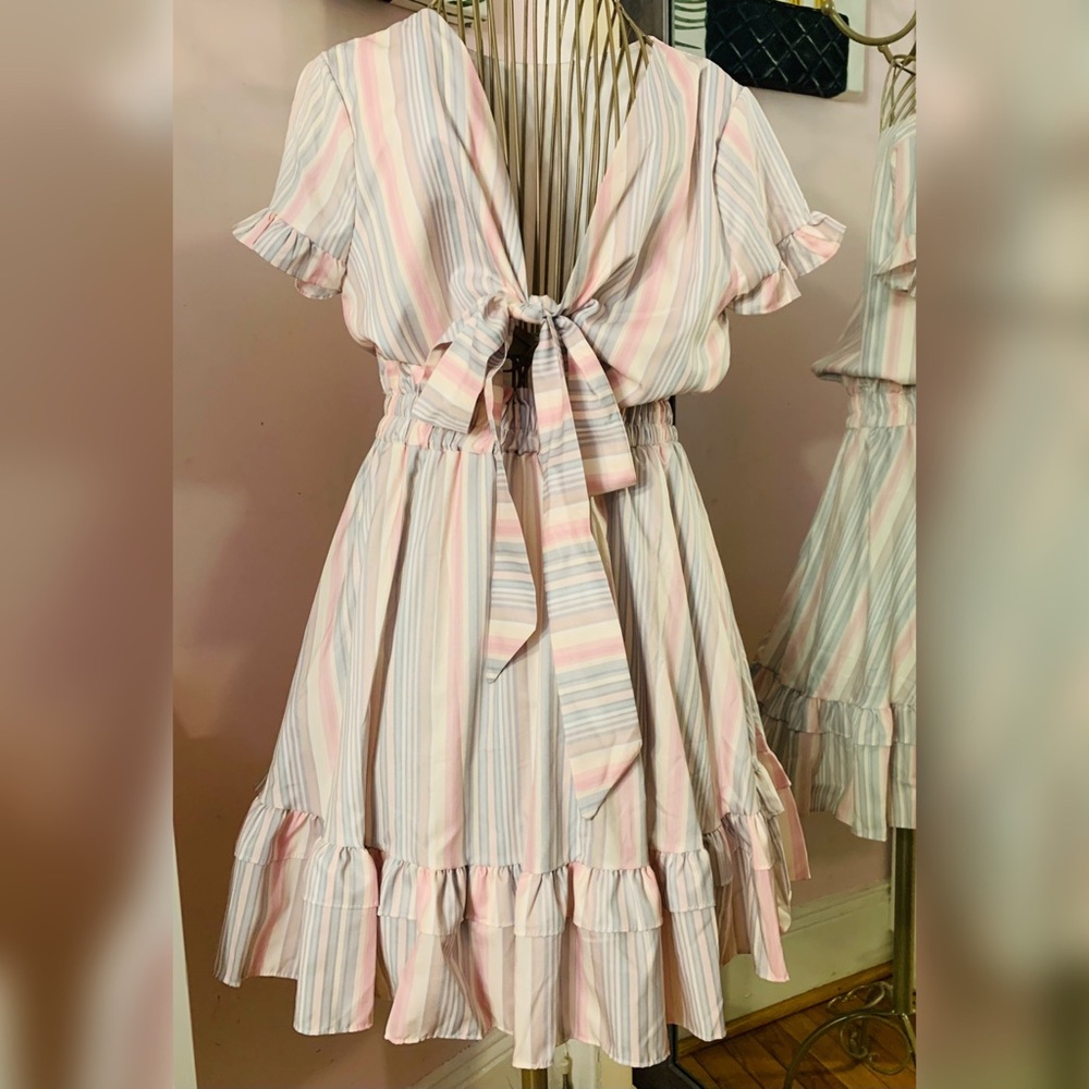Front tie, pink, blue and cream striped flare short sleeve dress